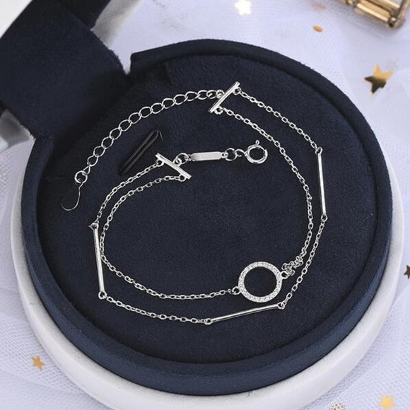 925 Sterling Silver Diamond Circle Bar Bracelet - Picture 4 of 8